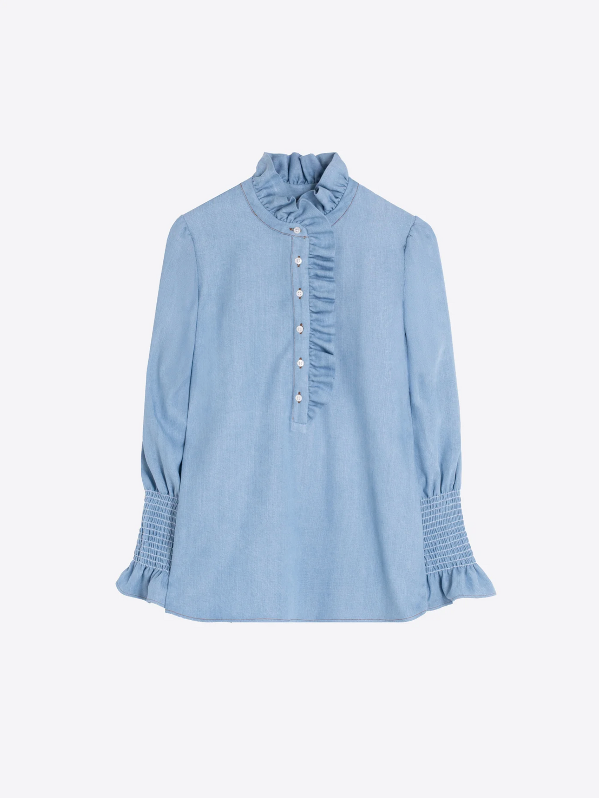 BLUE DENIM SHIRT WITH FRONT RUFFLES