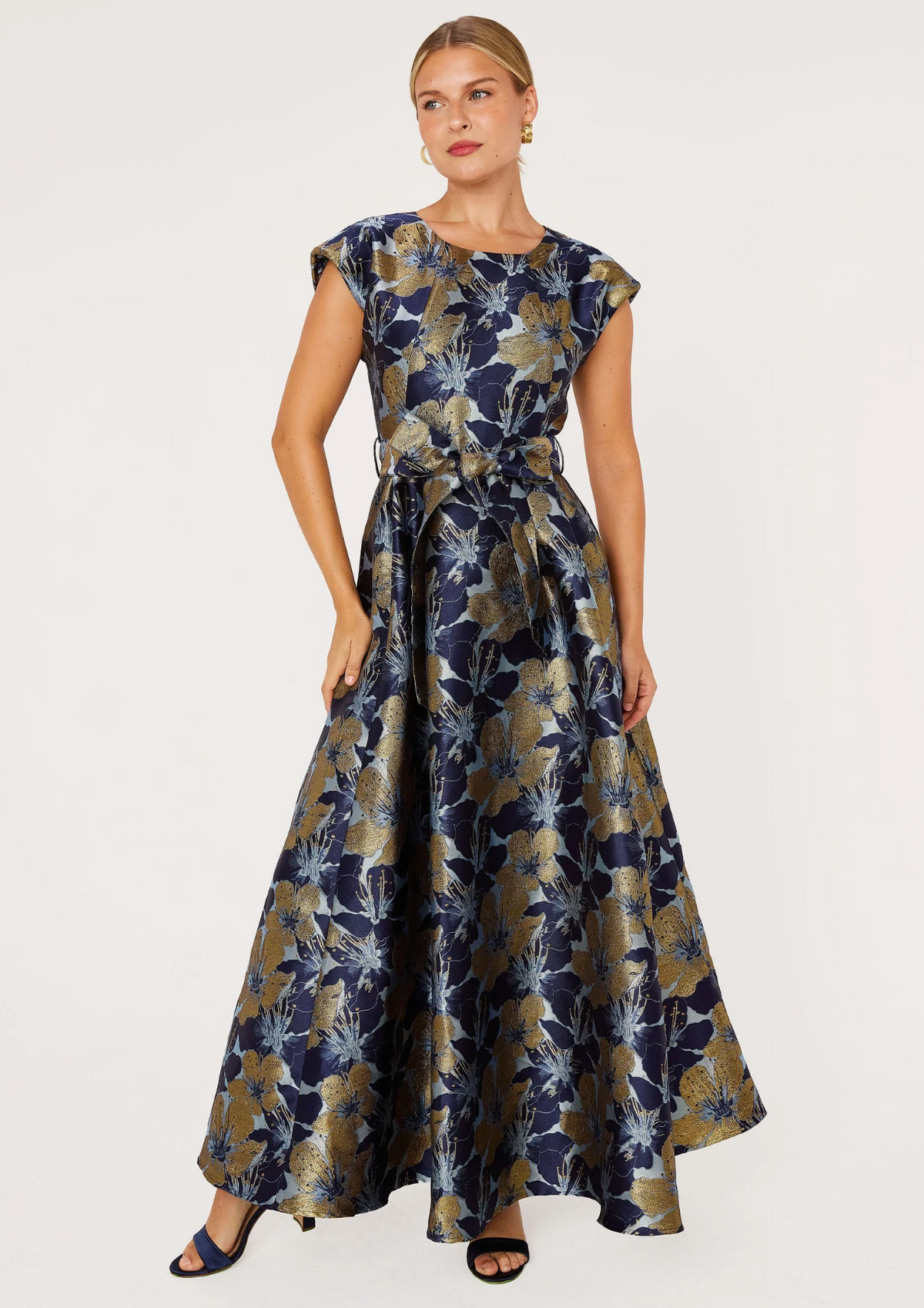 Olivia Gown Navy Poinsettia Jacquard