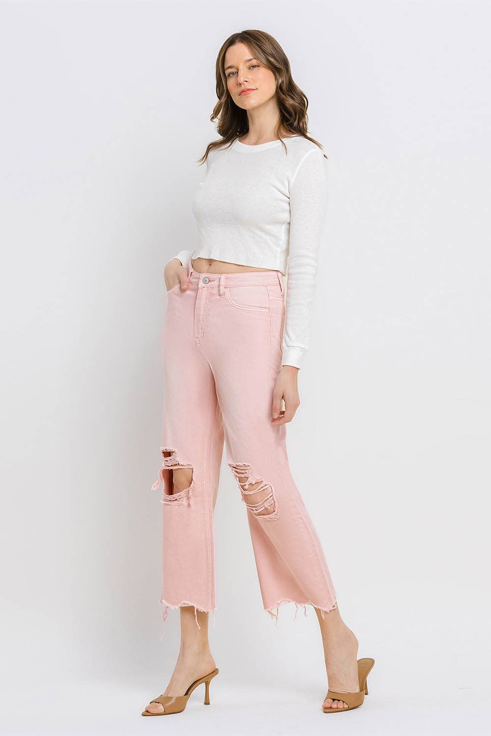 24-90'S VINTAGE SUPER HIGH RISE CROP FLARE JEANS V2736PK: POWDER PINK / 24