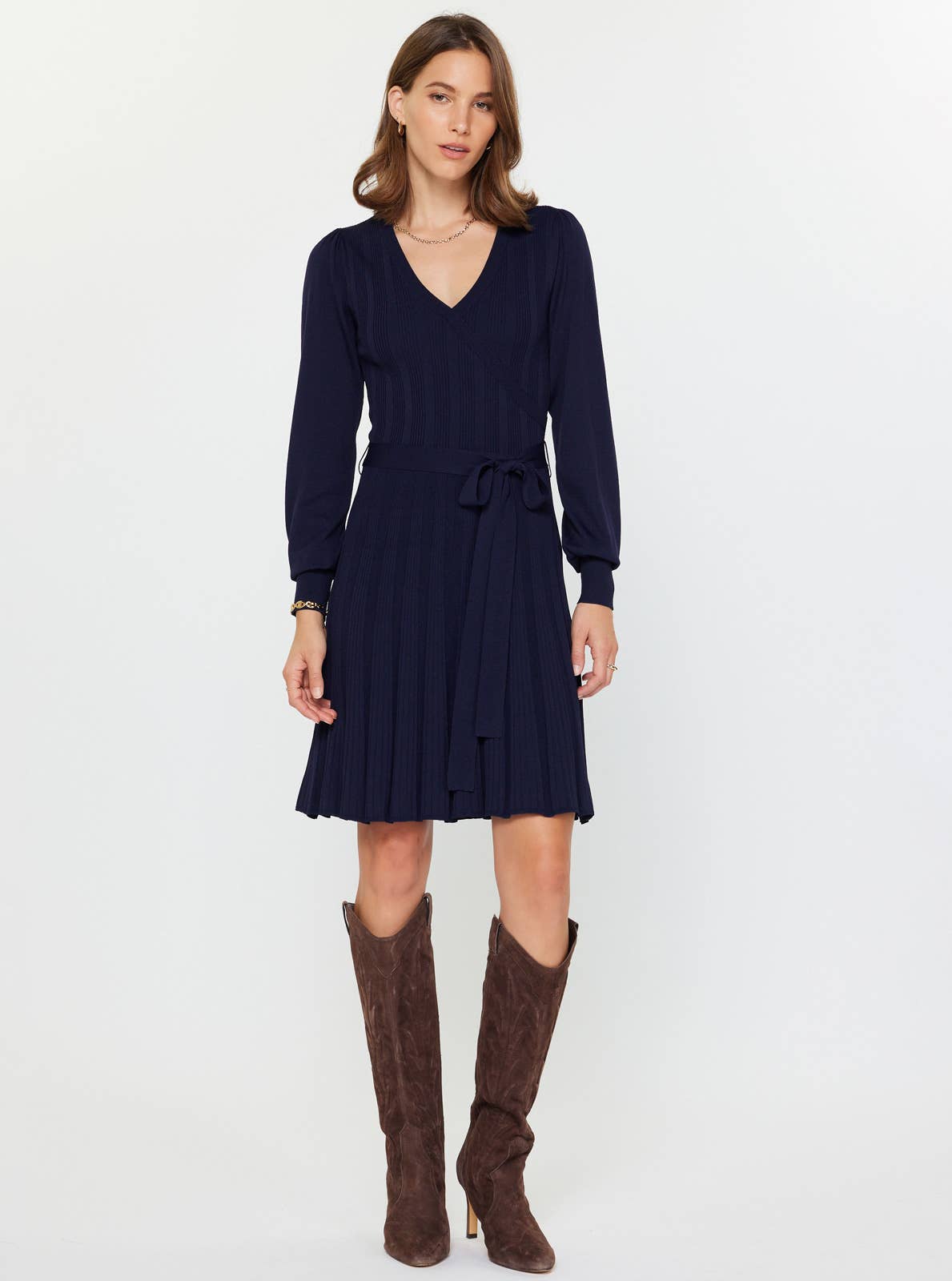 Pleated Sweater Mini Dress W/waist Tie