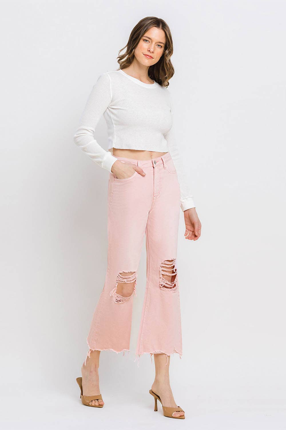 24-90'S VINTAGE SUPER HIGH RISE CROP FLARE JEANS V2736PK: POWDER PINK / 24