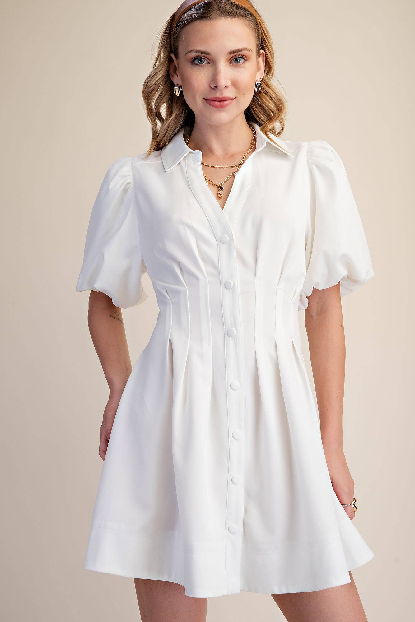 Pleated Dress Balloon Sleeve Waist Mini Fit & Flare
