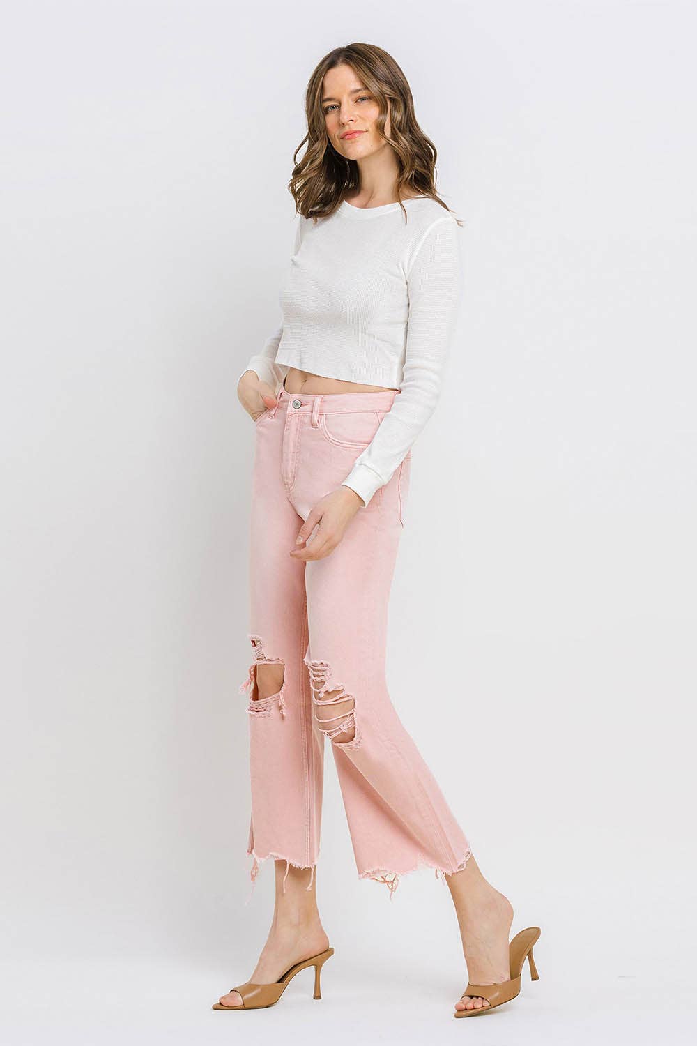 24-90'S VINTAGE SUPER HIGH RISE CROP FLARE JEANS V2736PK: POWDER PINK / 24