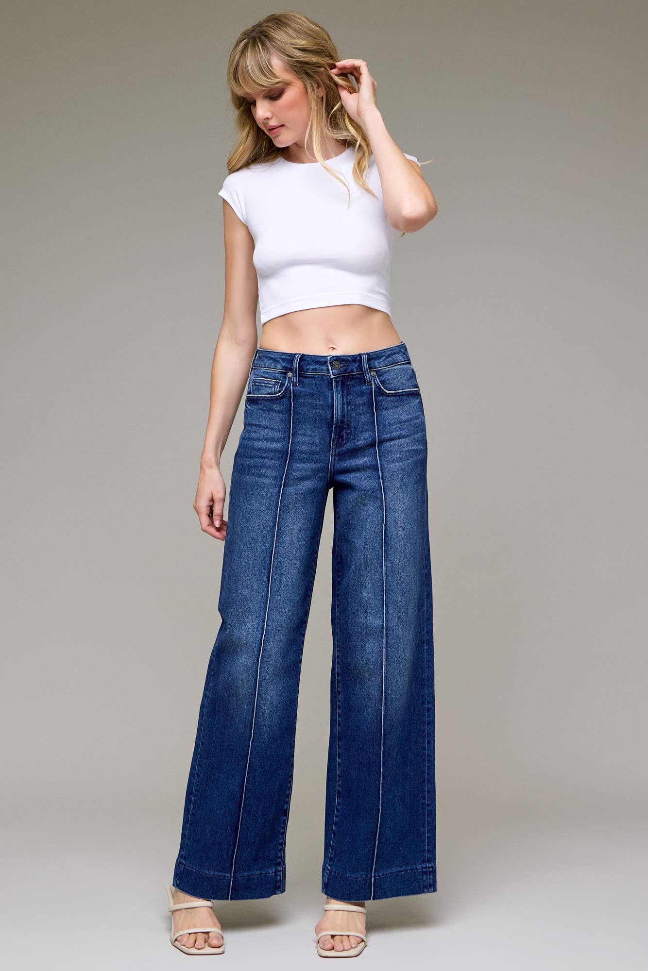 Dark Wash Pintuck High Rise Wide Leg