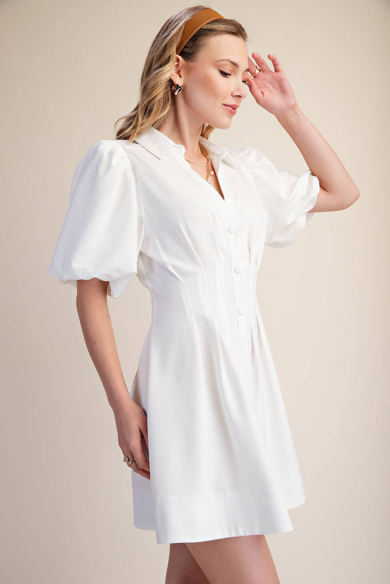 Pleated Dress Balloon Sleeve Waist Mini Fit & Flare