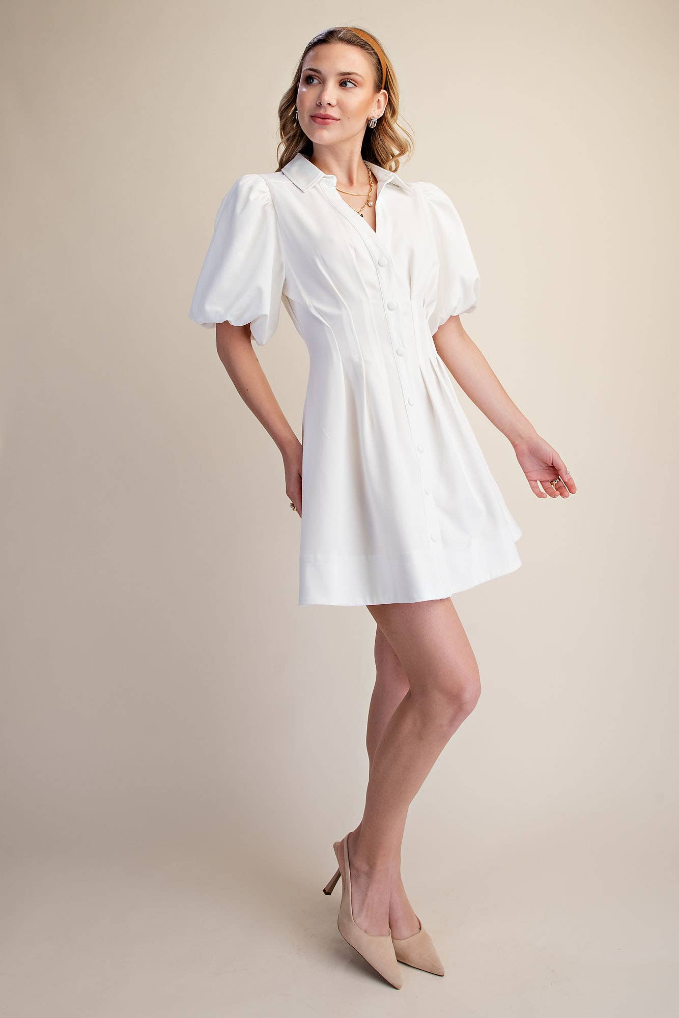 Pleated Dress Balloon Sleeve Waist Mini Fit & Flare