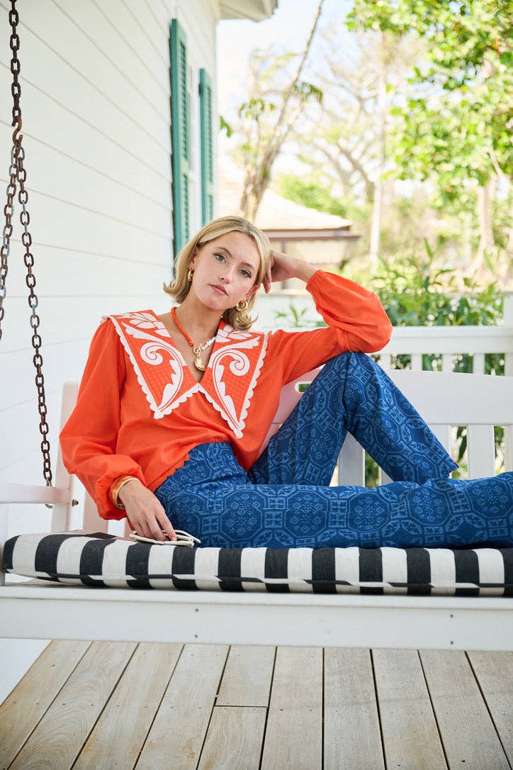 Emma Deep V Quilted Collar Blouse - Coral