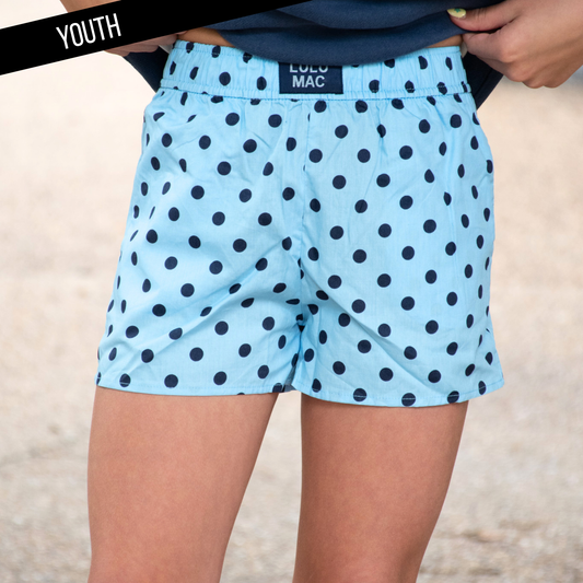 LM-KSH-1009-Light Blue/Navy Small Polka Dot KIDS SHORTS LULU MAC