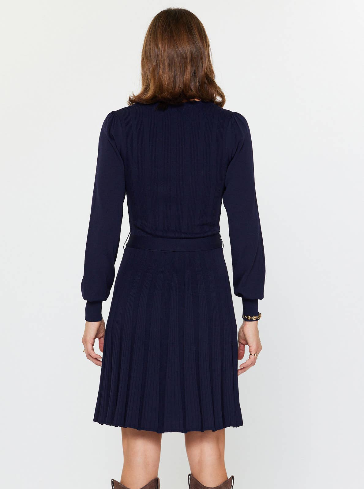 Pleated Sweater Mini Dress W/waist Tie