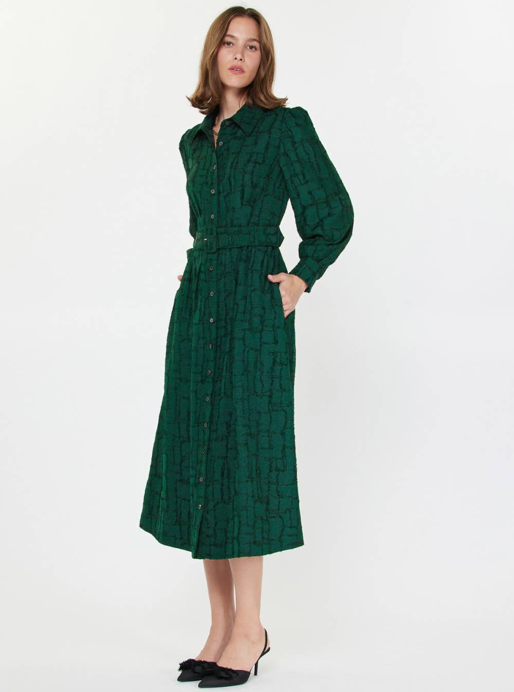 Textured Jacquard Shirt Midi Dress