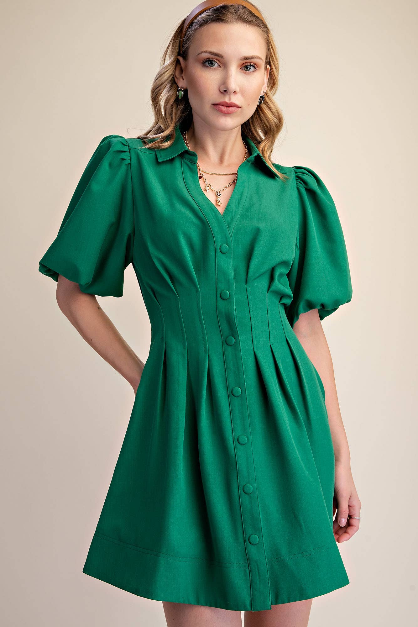 Pleated Dress Balloon Sleeve Waist Mini Fit & Flare