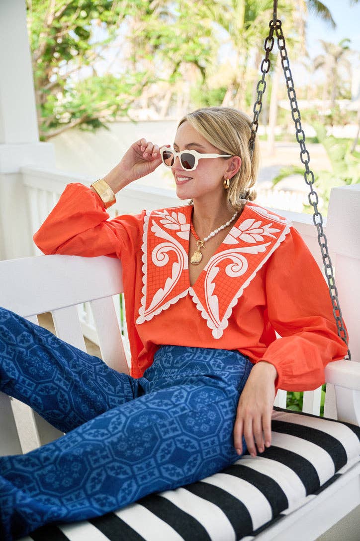 Emma Deep V Quilted Collar Blouse - Coral