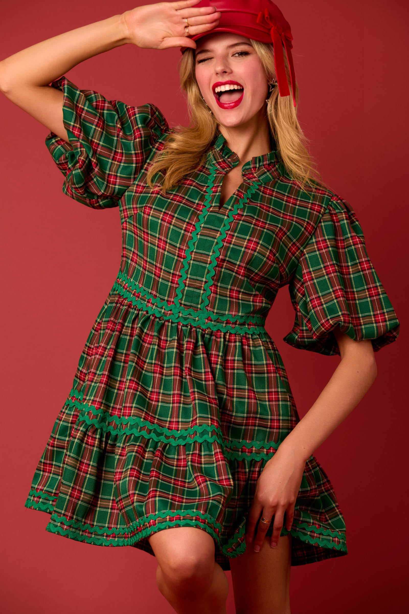 Christmas Plaid Ric-Rac Trim Mini Dress – Pink and Gold Market