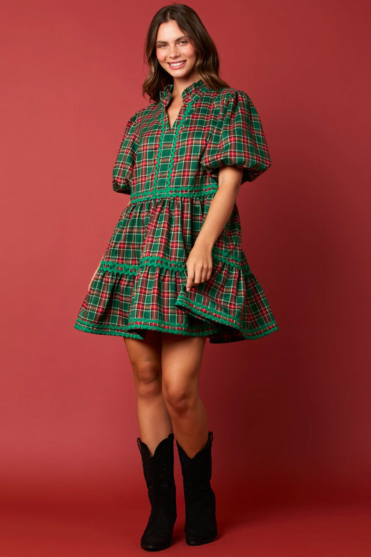 Christmas Plaid Ric-Rac Trim Mini Dress