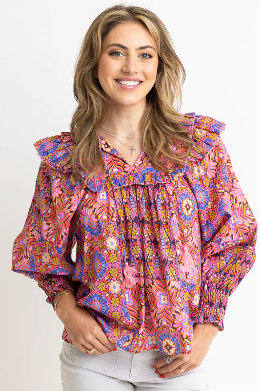 Kaleidoscope Ruffle Vneck Top