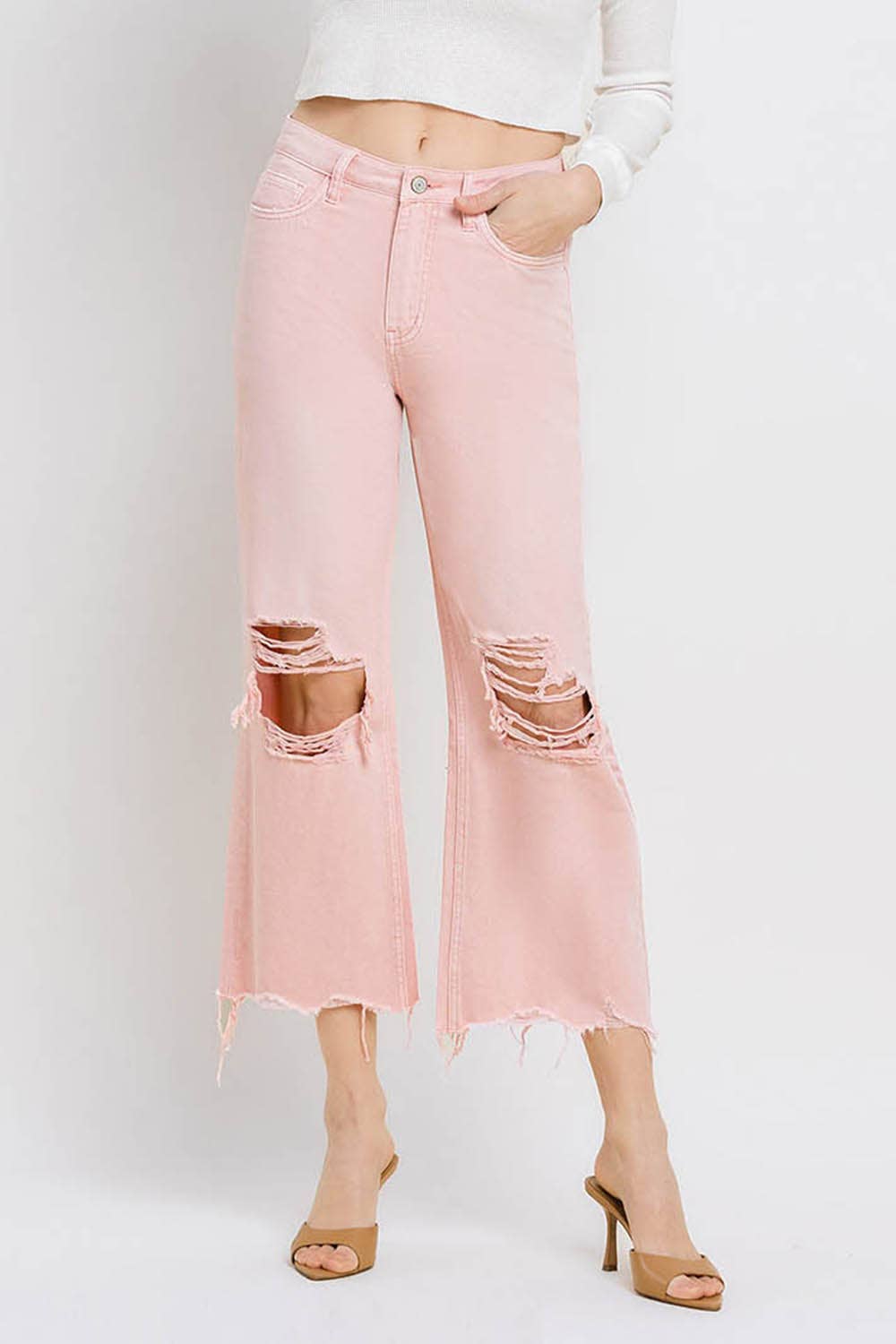 24-90'S VINTAGE SUPER HIGH RISE CROP FLARE JEANS V2736PK: POWDER PINK / 24